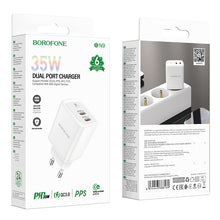 Заредете изображение във визуализатора на галерията – Borofone Wall charger BN9 Reacher - 2xType C - QC 3.0 PD 35W white
