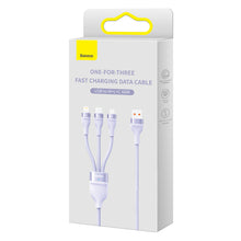 Заредете изображение във визуализатора на галерията – Baseus Flash Series Ⅱ 3in1 Cable with Fast Charging USB-A to USB-C / Micro-USB / Lightning 66W 480Mb/s 1.2m Purple
