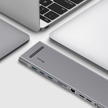 Заредете изображение във визуализатора на галерията – Baseus Enjoyment MacBook / notebook stand HUB USB Typ C PD / VGA / HDMI / RJ45 / USB 3.0 / SD, TF, micro SD card reader Dark for MacBook / PC gray (CATSX-G0G)
