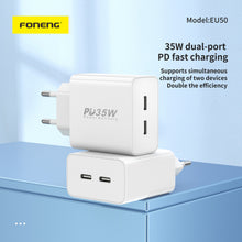 Заредете изображение във визуализатора на галерията – Foneng Wall charger EU50 - 2xType C - PD 35W 3A white
