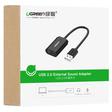 Заредете изображение във визуализатора на галерията – Ugreen external sound card music adapter USB - 3.5 mm mini jack 15cm black (30724)

