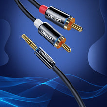 Заредете изображение във визуализатора на галерията – Ugreen audio cable 3.5 mm mini jack - 2RCA 3m black (10590)
