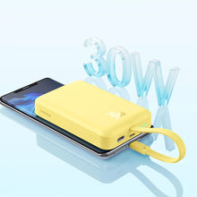 Заредете изображение във визуализатора на галерията – Baseus Magnetic Mini MagSafe 10000mAh 30W powerbank with built-in Lightning cable - yellow + Baseus Simple Series USB-C - USB-C 60W 0.3m cable
