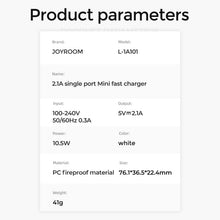 Заредете изображение във визуализатора на галерията – Joyroom USB wall charger 2,1 A white (L-1A101)
