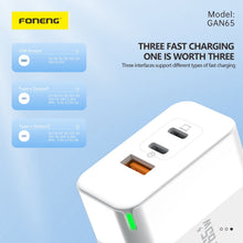Заредете изображение във визуализатора на галерията – Foneng Wall charger GAN65 GaN - USB + 2xType C - PD 65W 3A with Type C to Type C white
