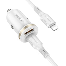 Заредете изображение във визуализатора на галерията – Borofone Car charger BZ22 Scenery - USB + Type C - QC 3.0 PD 30W with Type C to Lightning cable white
