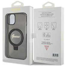 Заредете изображение във визуализатора на галерията – Original faceplate case GUESS GUHMP15MHRSGSK for iPhone 15 Plus (Magsafe / Glitter Script Logo / Ring stand / black)
