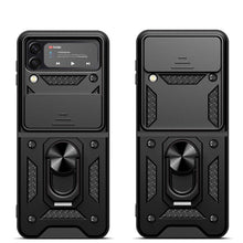 Заредете изображение във визуализатора на галерията – Hybrid Armor Camshield case for Samsung Galaxy Z Flip 4 armored case with camera cover black
