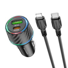 Заредете изображение във визуализатора на галерията – Borofone Car charger BZ21 Brilliant - USB + Type C - QC 3.0 PD 48W with Type C to Lightning cable black
