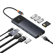 Заредете изображение във визуализатора на галерията – USB HUB 11in1 Baseus Metal Gleam Series II USB-A/USB-C PD/HDMI/DP/RJ45/SD/TF - black
