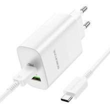 Заредете изображение във визуализатора на галерията – Borofone Wall charger BN10 Sunlight - USB + Type C - QC 3.0 PD 65W with Type C to Type C cable white
