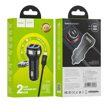 Заредете изображение във визуализатора на галерията – HOCO car charger 2x USB A + cable USB A to Micro 2,4A Z40 black
