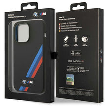 Заредете изображение във визуализатора на галерията – Case BMW BMHMP14L22SOTK iPhone 14 Pro 6.1" black/black Silicone Slanted Sttripes MagSafe
