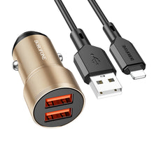 Заредете изображение във визуализатора на галерията – Borofone Car charger BZ19 Wisdom - 2xUSB - 12W with USB to Lightning cable gold
