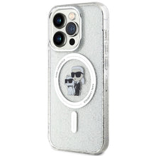 Заредете изображение във визуализатора на галерията – Original Pouch KARL LAGERFELD hardcase Karl&amp;Choupette Glitter MagSafe KLHMP15LHGKCNOT for Iphone 15 Pro transparent
