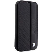Заредете изображение във визуализатора на галерията – Case BMW BMBKP14X22RDPK iPhone 14 Pro Max 6.7" black/black bookcase Leather Textured&amp;Stripe
