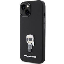 Заредете изображение във визуализатора на галерията – Karl Lagerfeld Silicone Ikonik Metal Pin case for iPhone 15 - black
