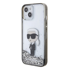 Заредете изображение във визуализатора на галерията – Original KARL LAGERFELD Case Liquid Glitter Ikonik KLHCP15SLKKNSK for Iphone 15 Transparent
