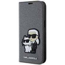 Заредете изображение във визуализатора на галерията – Karl Lagerfeld KLBKP14SSANKCPG iPhone 14 6.1" bookcase silver/silver Saffiano Karl &amp; Choupette
