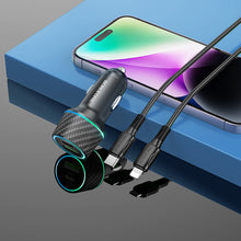Заредете изображение във визуализатора на галерията – Borofone Car charger BZ21 Brilliant - USB + Type C - QC 3.0 PD 48W with Type C to Lightning cable black
