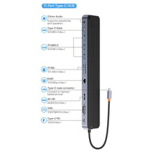 Заредете изображение във визуализатора на галерията – Baseus EliteJoy Gen2 11-Port Type-C HUB Adapter Dark gray（Type-C to HDMI*1+USB3.0*3+PD*1+VGA*1+SD/TF*1+RJ45*1+Type-C Data*1+3.5mm*1）
