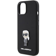 Заредете изображение във визуализатора на галерията – Karl Lagerfeld Silicone Ikonik Metal Pin case for iPhone 15 - black

