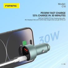 Заредете изображение във визуализатора на галерията – Foneng Car charger C18 - USB + Type C - PD 30W 3A with Type C to Lightning cable grey
