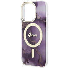 Заредете изображение във визуализатора на галерията – Original Case GUESS hardcase Golden Marble MagSafe GUHMP14LHTMRSU for Iphone 14 Pro purple
