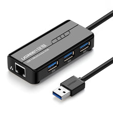 Заредете изображение във визуализатора на галерията – Ugreen 20265 USB-A / RJ45 1000 Mbps HUB 3x USB 3.0 network adapter - black
