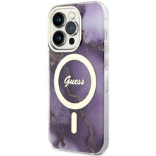 Заредете изображение във визуализатора на галерията – Original Case GUESS hardcase Golden Marble MagSafe GUHMP14LHTMRSU for Iphone 14 Pro purple
