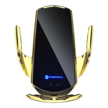 Заредете изображение във визуализатора на галерията – Автоматична стойка за кола с безжично зареждане + магнитни накрайници 15w златна - TopMag
