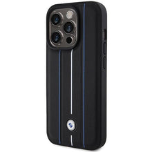 Заредете изображение във визуализатора на галерията – BMW Leather Stamp Blue Lines case for iPhone 15 Pro Max - black
