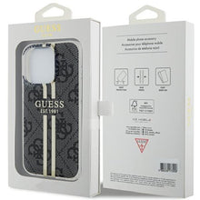 Заредете изображение във визуализатора на галерията – Original faceplate case GUESS GUHCP15LH4PSEGK for iPhone 15 Pro (4G Gold  Stripe / black)
