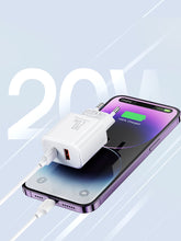 Заредете изображение във визуализатора на галерията – Joyroom JR-TCF05 20W USB-C / USB-A Fast Dual Port Wall Charger - White + USB-C - Lightning 1m
