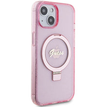 Заредете изображение във визуализатора на галерията – Original faceplate case GUESS GUHMP15SHRSGSP for iPhone 15 Plus (Magsafe / Glitter Script Logo / Ring stand / pink)
