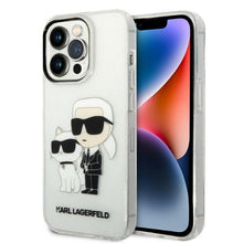 Заредете изображение във визуализатора на галерията – Original Pouch KARL LAGERFELD Gliter Karl&amp;Choupette KLHCP14XHNKCTGT for Iphone 14 Pro Max transparent
