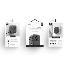 Заредете изображение във визуализатора на галерията – Uniq Load. network. Voyage World Adapter 33W + 2xUSB + PD 18W + QC 3.0 grey/charcoal gray (LITHOS Collective)
