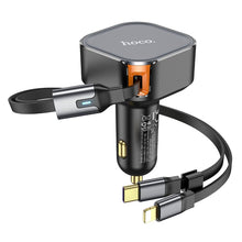 Заредете изображение във визуализатора на галерията – HOCO car charger with telescoping cable Type C + Lightning QC PD 30W NZ13 black
