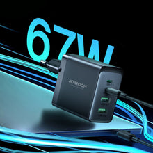 Заредете изображение във визуализатора на галерията – Joyroom charger GaN 67W 4 ports (2x USB, 2x USB C) black (TCG02) + cable USB C - USB C 100W 1.2m
