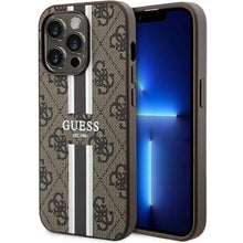 Заредете изображение във визуализатора на галерията – Guess 4G Printed Stripes MagSafe case for iPhone 15 Pro - brown
