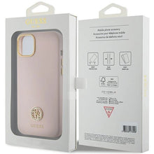 Заредете изображение във визуализатора на галерията – Guess Silicone Logo Strass 4G case for iPhone 15 - light pink
