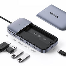 Заредете изображение във визуализатора на галерията – Ugreen multi-functional HUB USB Type C - 3x USB 3.2 Gen 2 (10Gbps) / HDMI 4K 60Hz / USB Type C PD / DC pocket SATA M.2 SSD case gray (CM296 70449)

