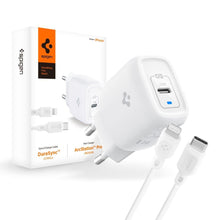 Заредете изображение във визуализатора на галерията – Spigen PE2C10CL 1-PORT NETWORK CHARGER PD20W + Lightning MFi CABLE WHITE
