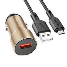Заредете изображение във визуализатора на галерията – Borofone Car charger BZ19A Wisdom - USB - QC 3.0 18W with USB to Micro USB cable gold
