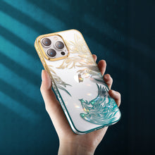Заредете изображение във визуализатора на галерията – Luxury iPhone 14 Plus Case with Kingxbar Phoenix Crystals - Gold and Blue
