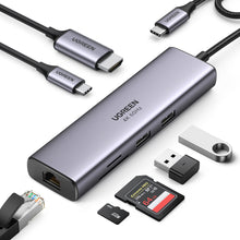 Заредете изображение във визуализатора на галерията – Ugreen 7in1 multi-functional HUB USB Type C - 2x USB 3.2 Gen 1 / HDMI 4K 60Hz / SD and TF card reader / USB Type C PD 100W / RJ45 1000Mbps (1Gbps) gray (60515 CM512)
