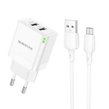 Заредете изображение във визуализатора на галерията – Borofone Wall charger BN15 Strong - 2xUSB - 2,1A with USB to Micro USB cable white
