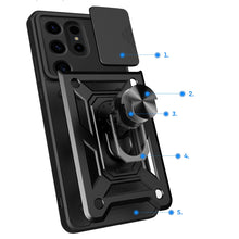 Заредете изображение във визуализатора на галерията – Hybrid Armor Camshield case for Samsung Galaxy S24 Ultra armored with camera cover - black
