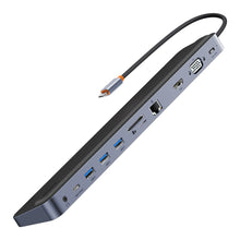 Заредете изображение във визуализатора на галерията – Baseus EliteJoy Gen2 11-Port Type-C HUB Adapter Dark gray（Type-C to HDMI*1+USB3.0*3+PD*1+VGA*1+SD/TF*1+RJ45*1+Type-C Data*1+3.5mm*1）
