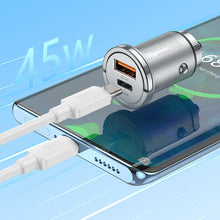 Заредете изображение във визуализатора на галерията – HOCO car charger 2 x USB QC3.0 18W + Type C PD 45W cable Type C for Type C Handy NZ10 silver
